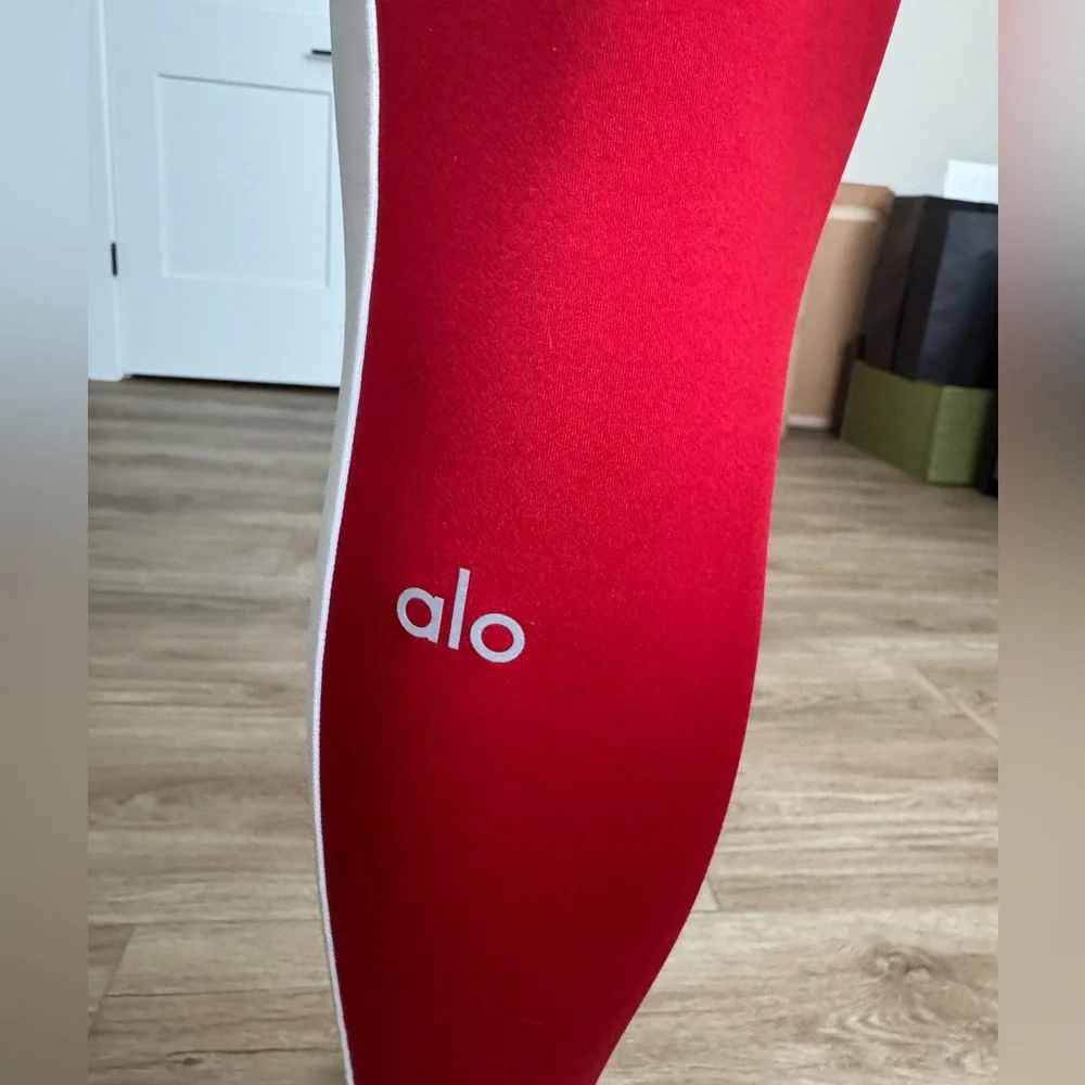 ALO Yoga Red Leggings with White Side Stripes